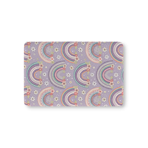 Posy Rainbows fitted crib sheet on a nursery crib mattress