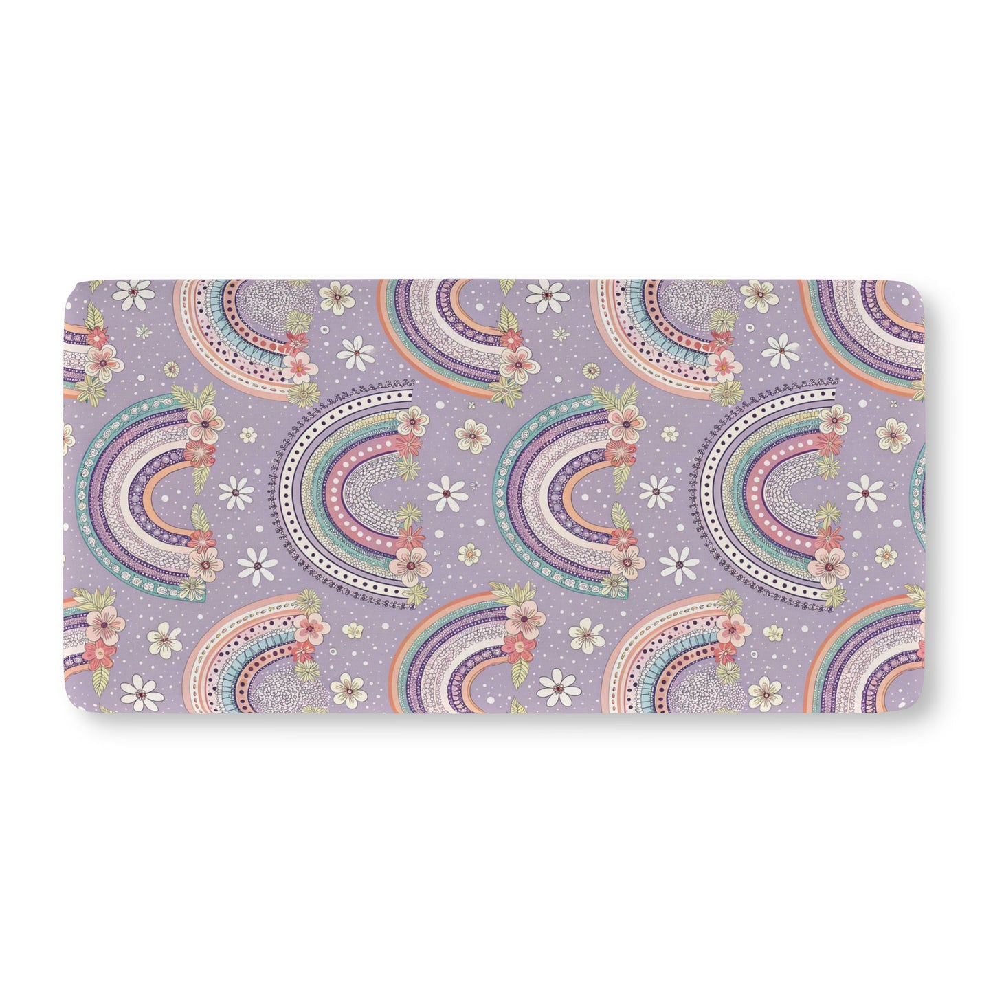Fitted crib sheet with mint and coral rainbows on lilac