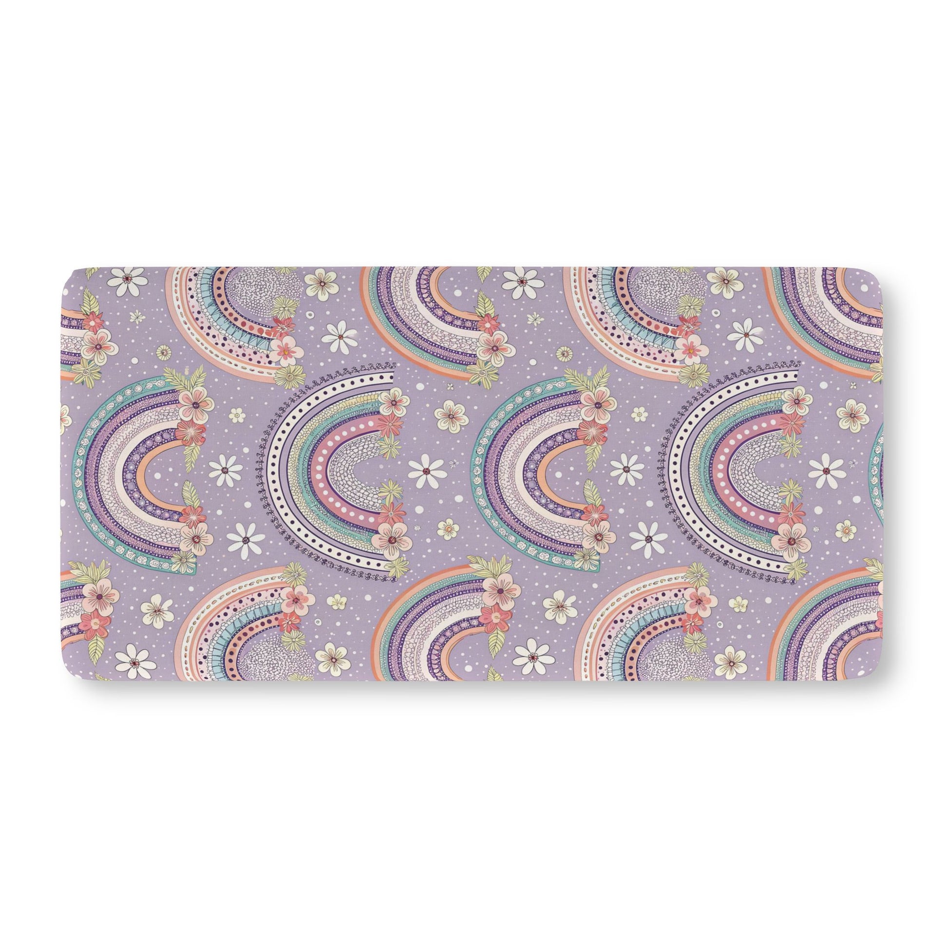 Fitted crib sheet with mint and coral rainbows on lilac