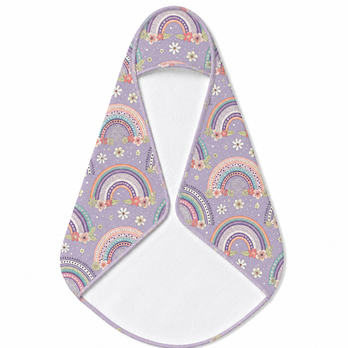 Posy Rainbows hooded baby towel wrapped around a baby