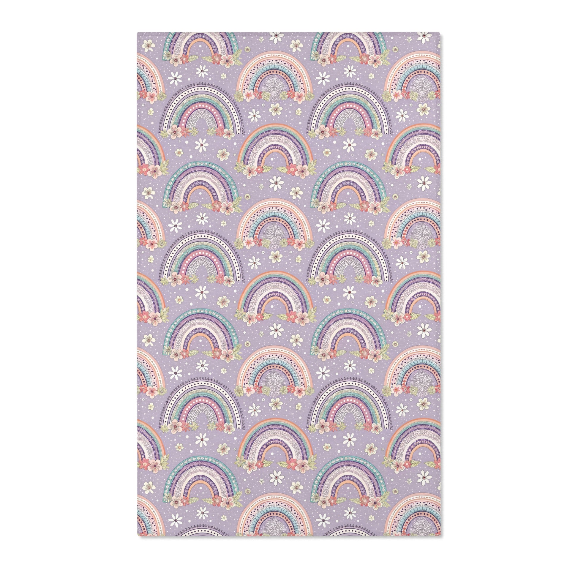 Lilac rainbow nursery area rug with mint and coral bands
