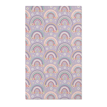 Lilac rainbow nursery area rug with mint and coral bands
