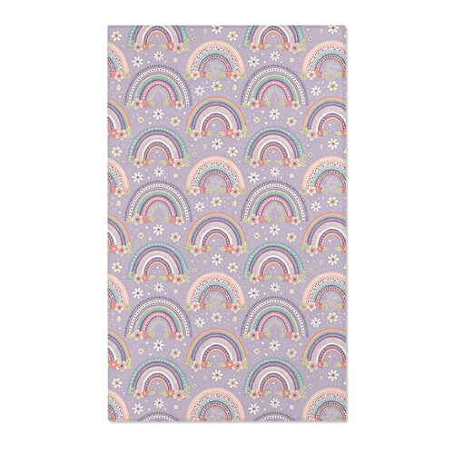 Lilac rainbow nursery area rug with mint and coral bands