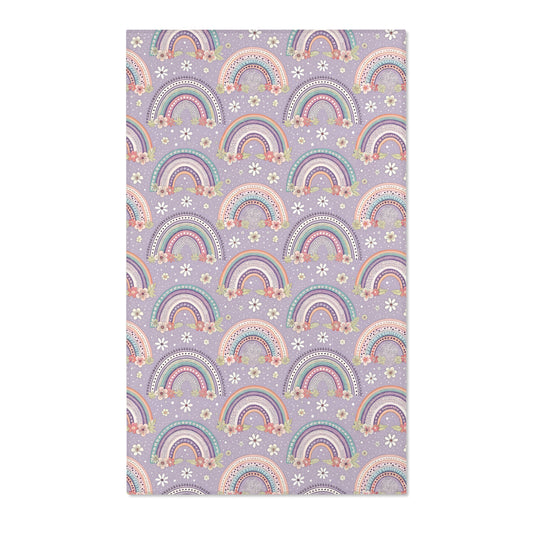 Lilac rainbow nursery area rug with mint and coral bands