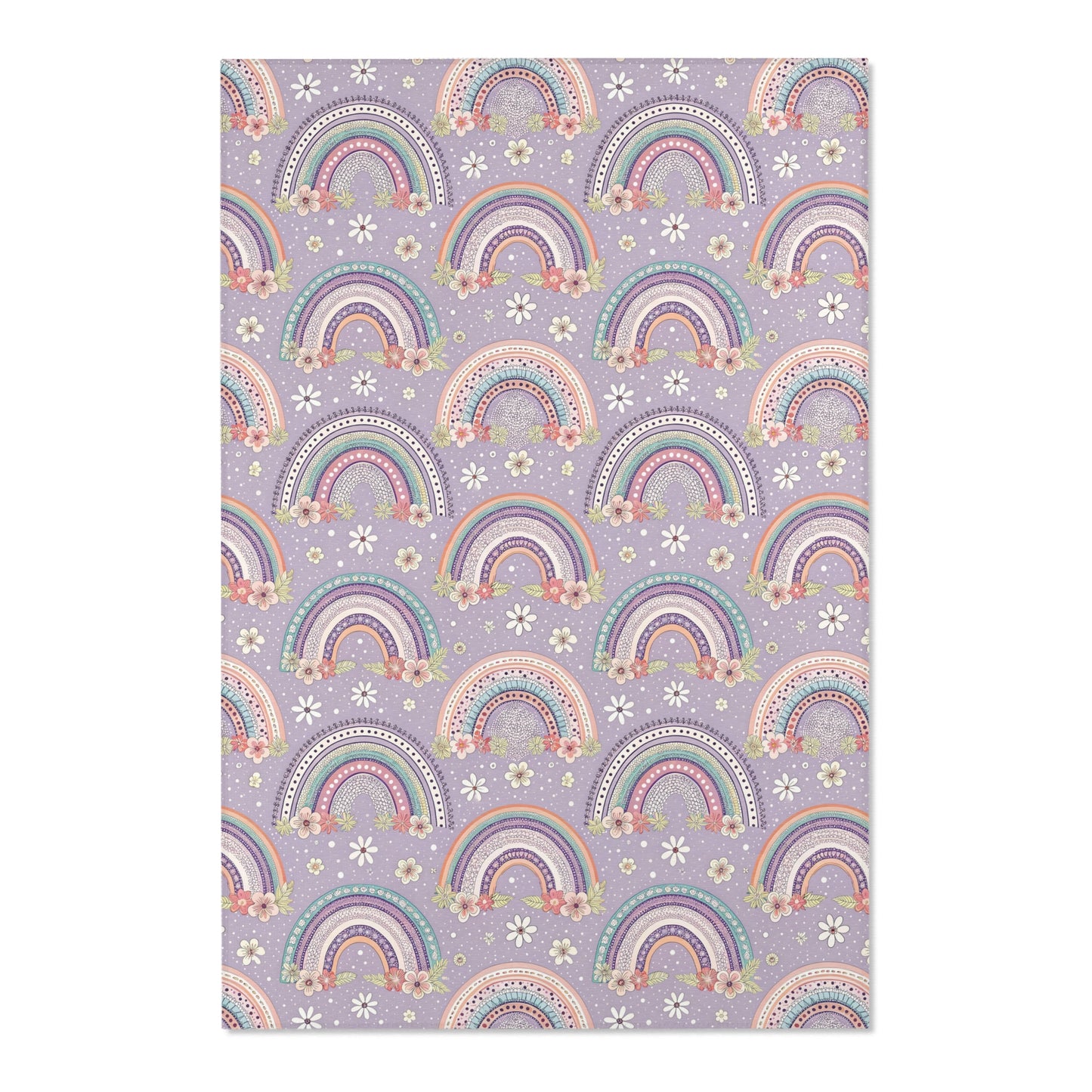 Close detail of the rainbows and posies on the area rug