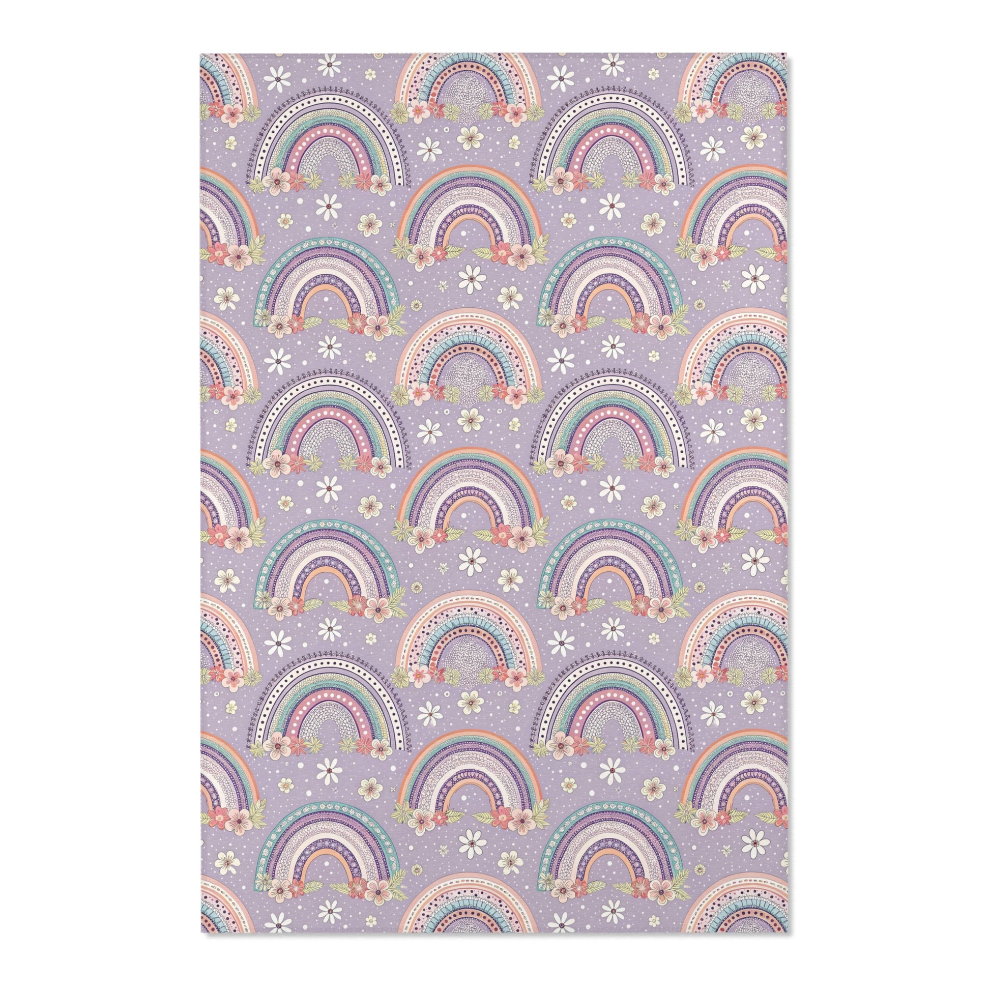 Close detail of the rainbows and posies on the area rug