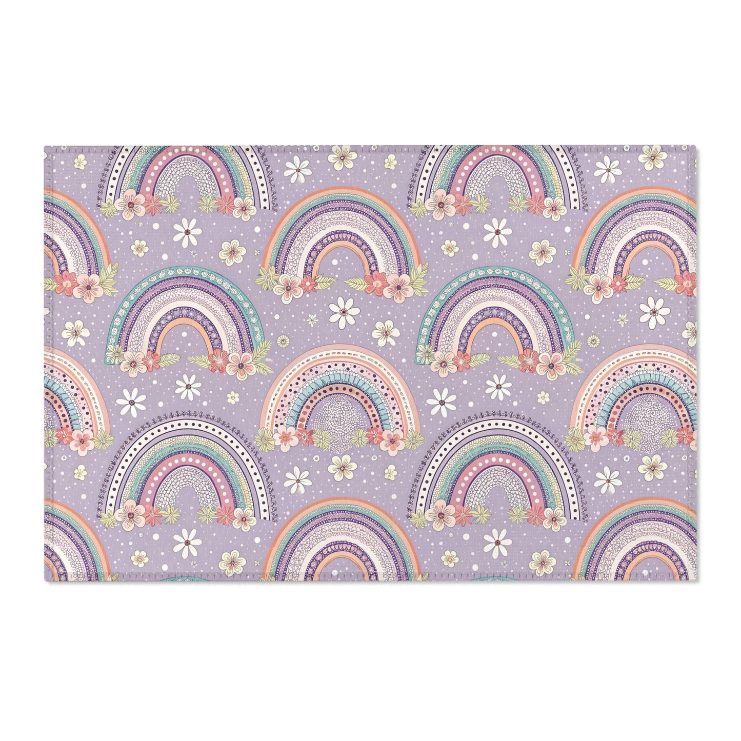 Posy Rainbows area rug shown in landscape orientation
