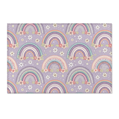 Posy Rainbows area rug shown in landscape orientation