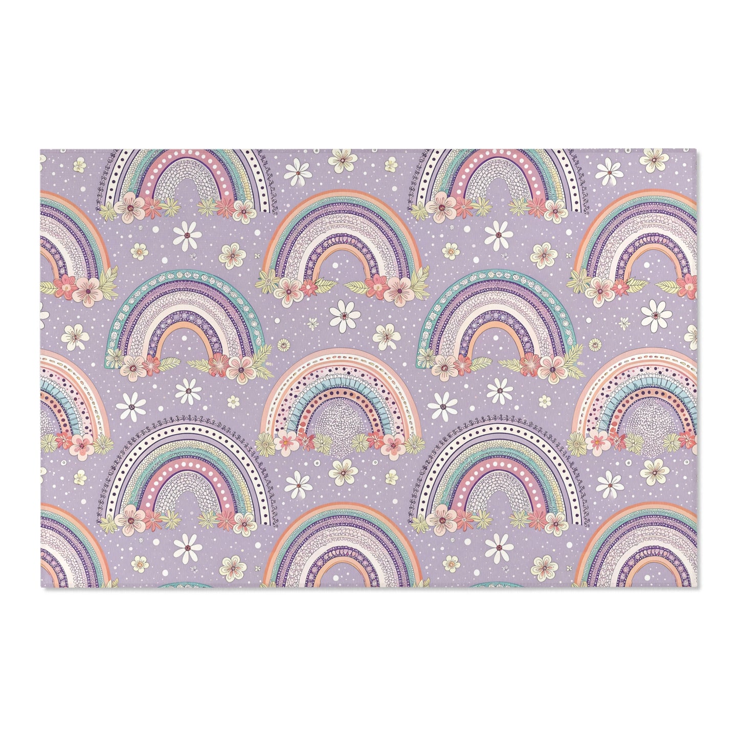 Low pile nursery rug with banded rainbows on lilac
