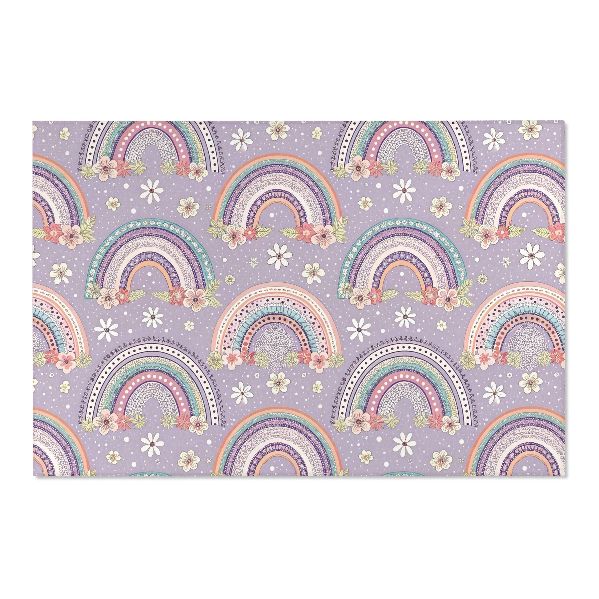Low pile nursery rug with banded rainbows on lilac