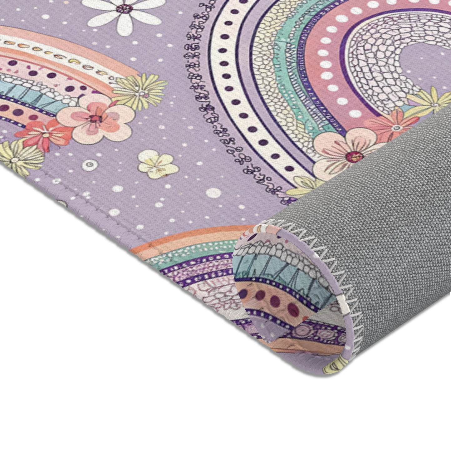 Corner detail of the Posy Rainbows nursery area rug