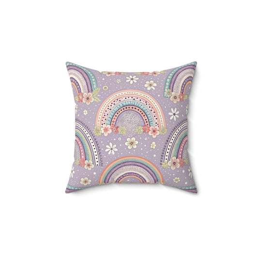 Posy Rainbows decorative nursery pillow on a glider chair
