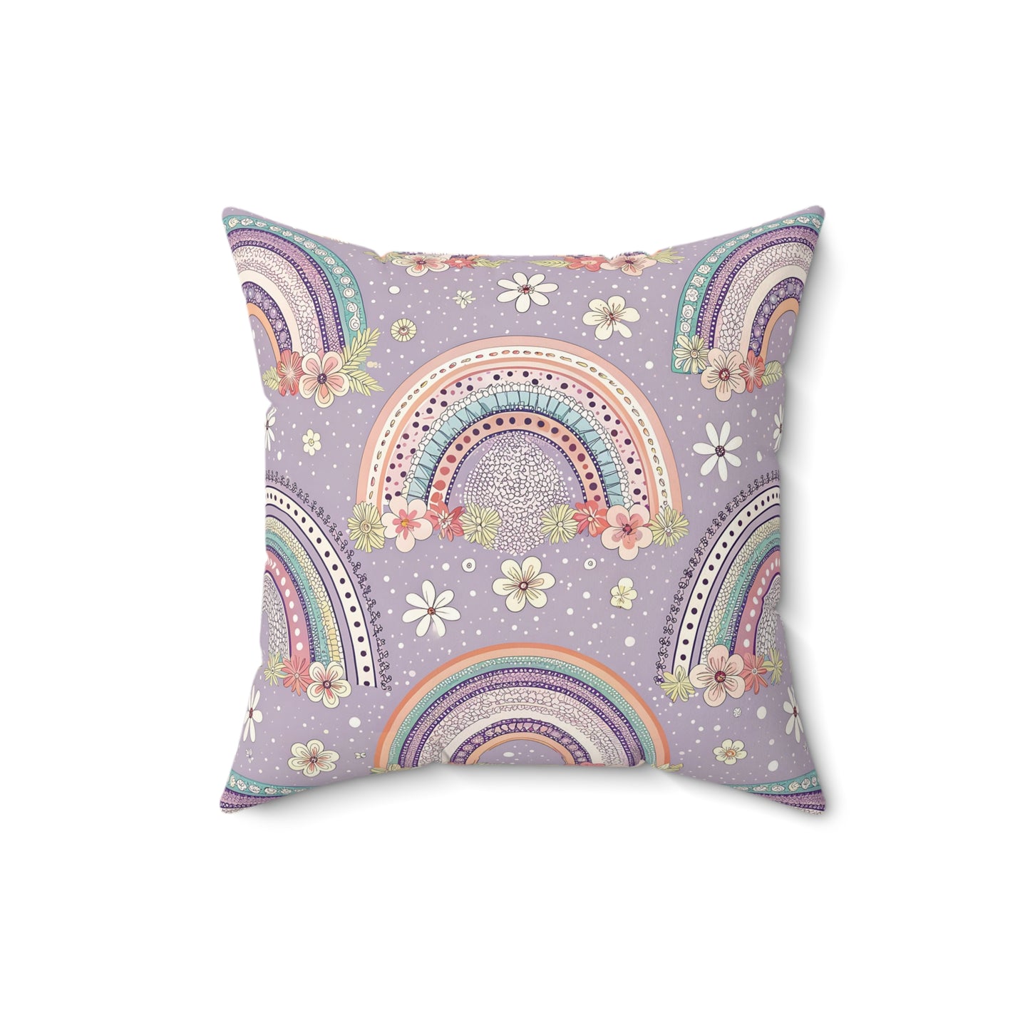 Faux suede nursery pillow with mint and coral rainbows