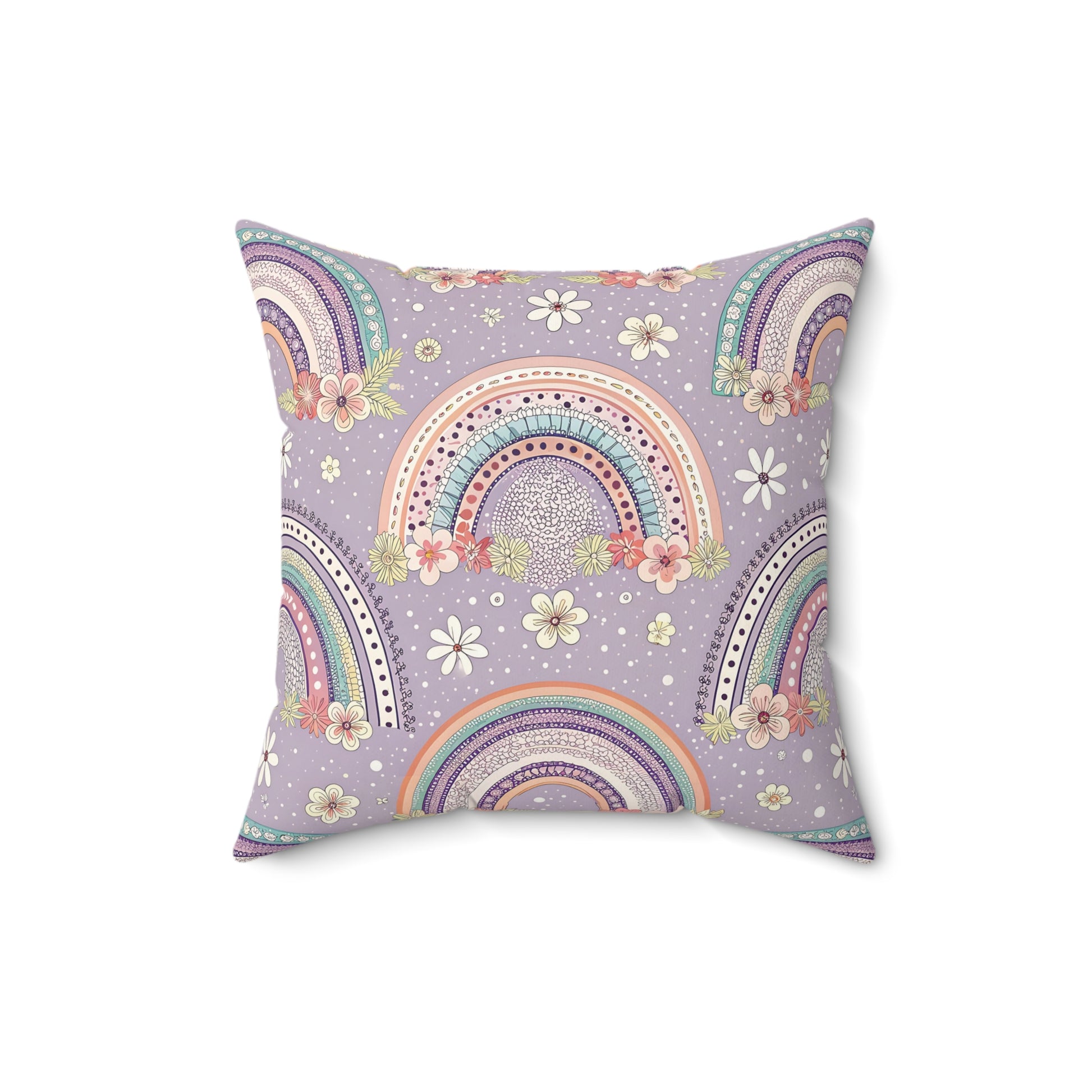 Faux suede nursery pillow with mint and coral rainbows