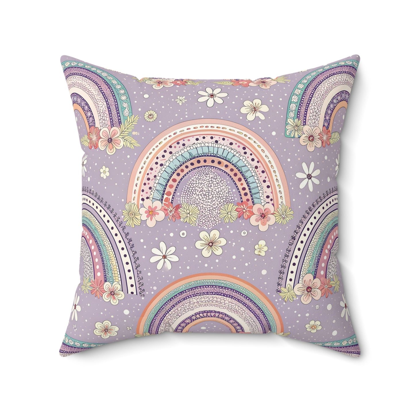 Posy Rainbows nursery pillow shown from the front