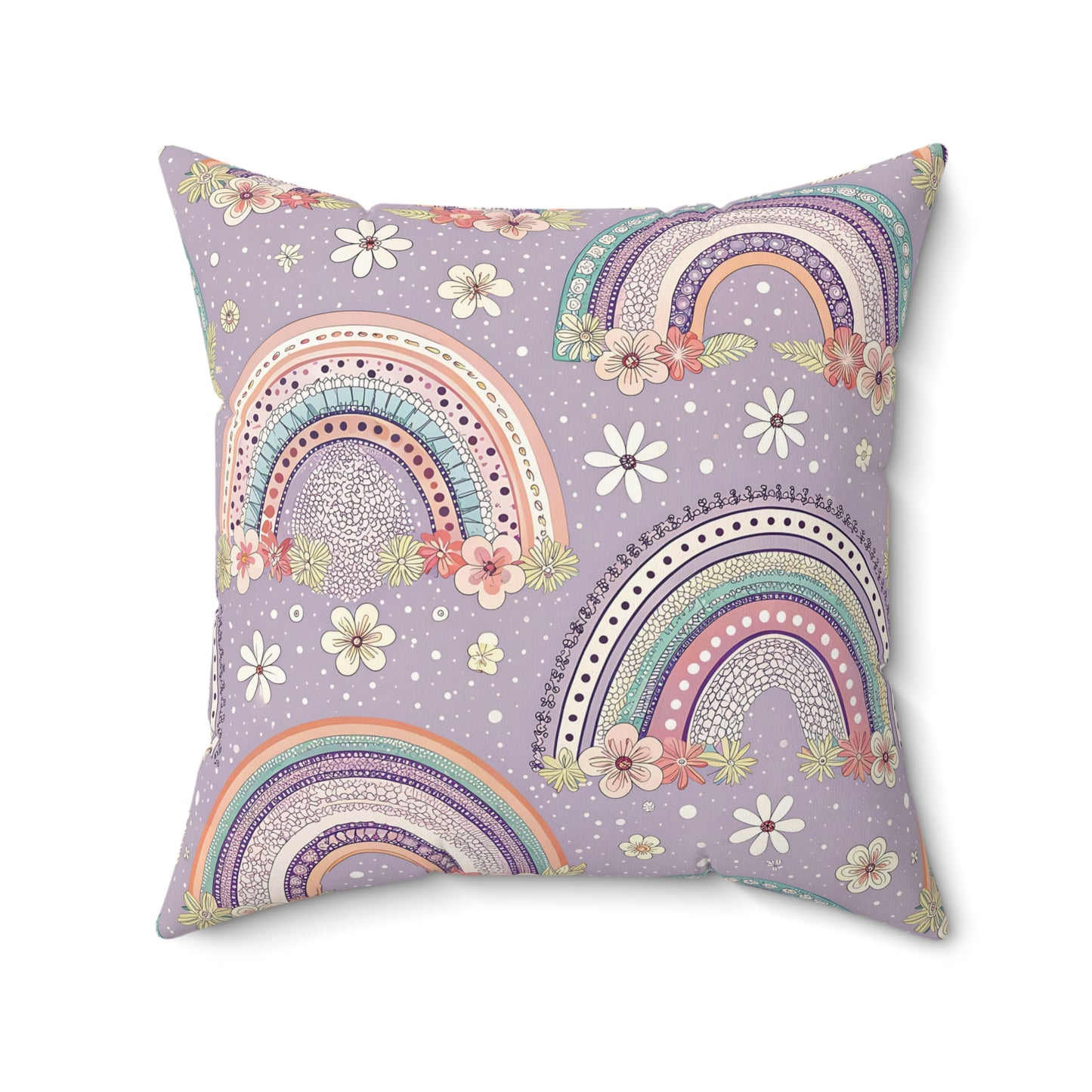Faux suede pillow with banded rainbows, posies and daisies