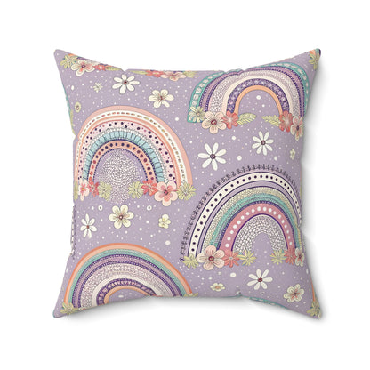 Faux suede pillow with banded rainbows, posies and daisies