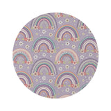 Posy Rainbows round nursery rug on a baby room floor