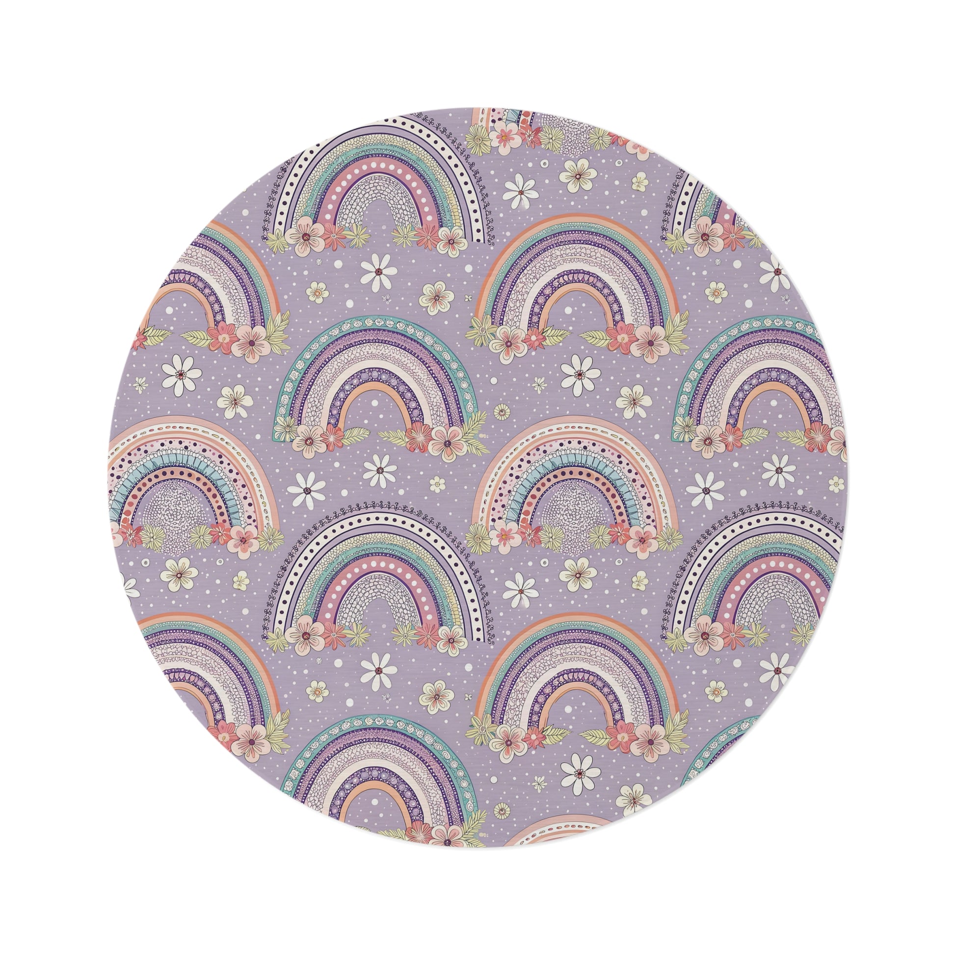 Posy Rainbows round nursery rug on a baby room floor