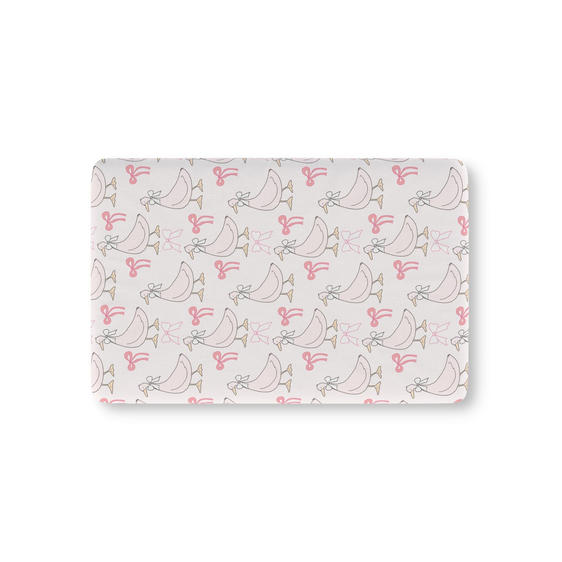 Ribbon Goose fitted crib sheet on a nursery crib mattress