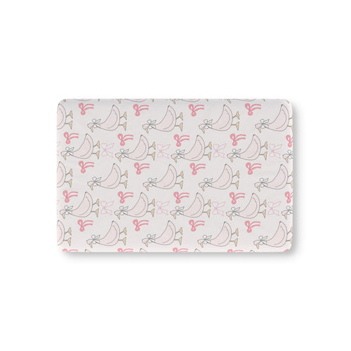 Ribbon Goose fitted crib sheet on a nursery crib mattress