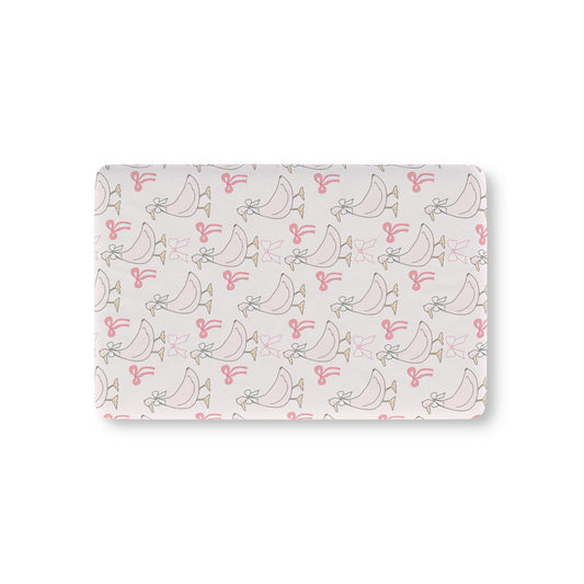 Ribbon Goose fitted crib sheet on a nursery crib mattress