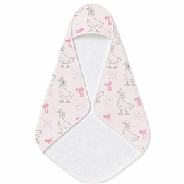Ribbon Goose hooded baby towel wrapped around a baby