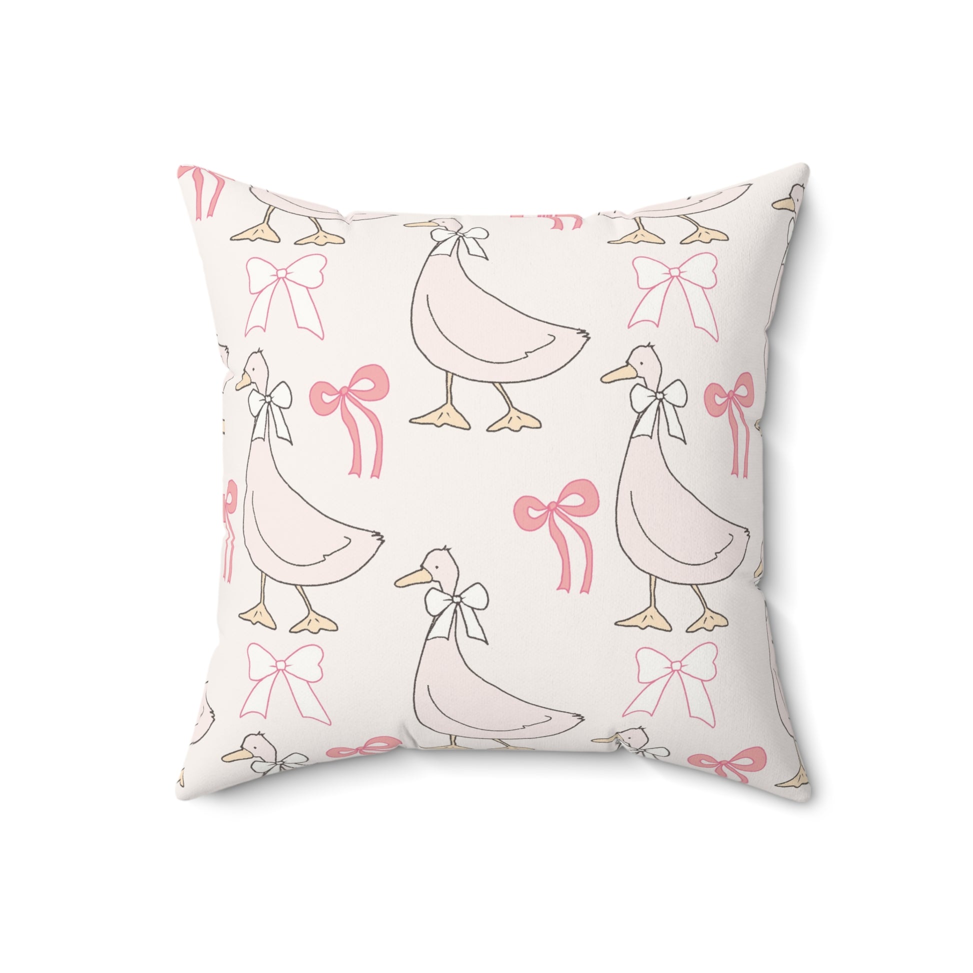 Ribbon Goose pillow, geese in bows on a blush ground