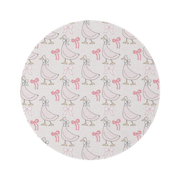 Ribbon Goose round nursery rug on a baby room floor
