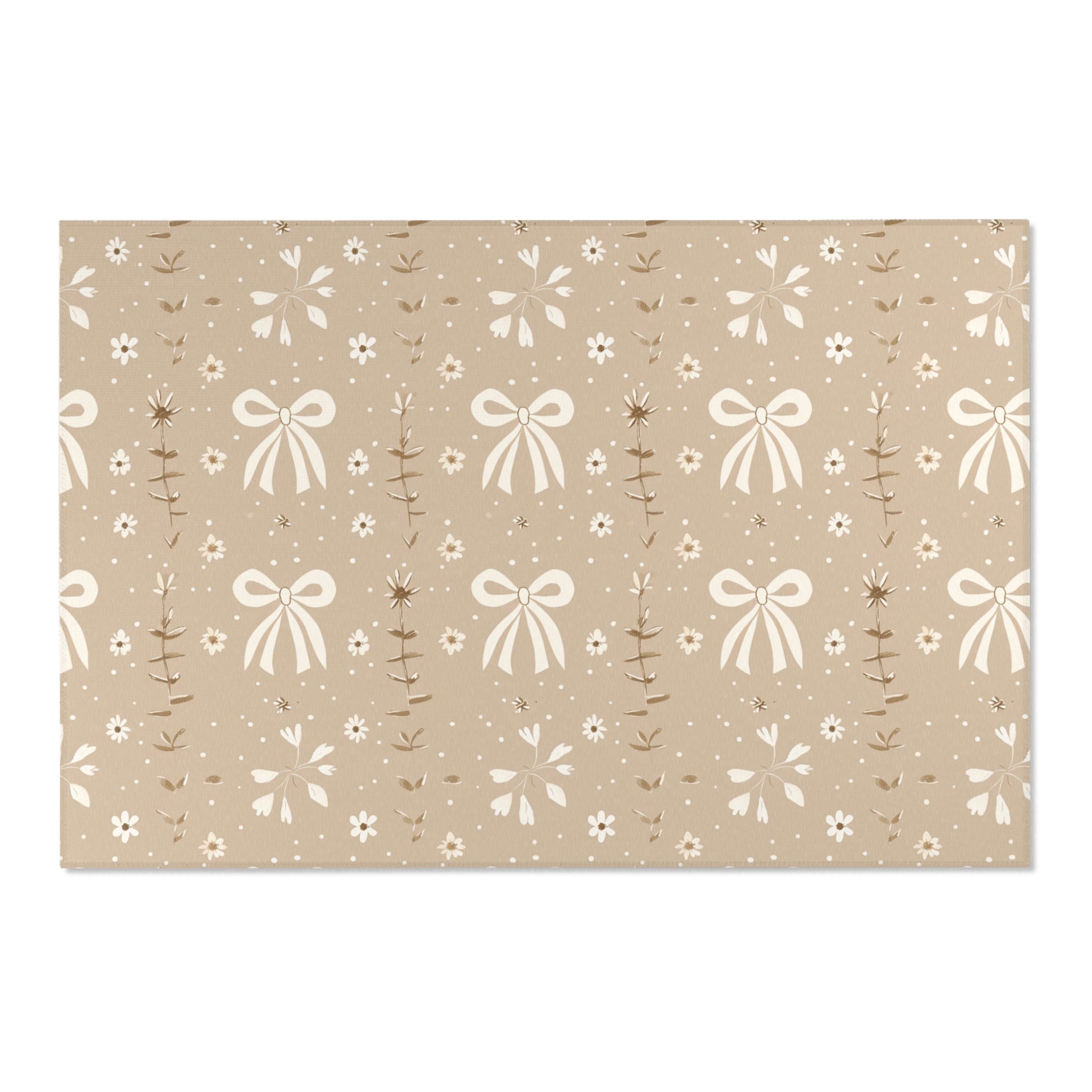 Low pile nursery rug with cream bows on a taupe ground