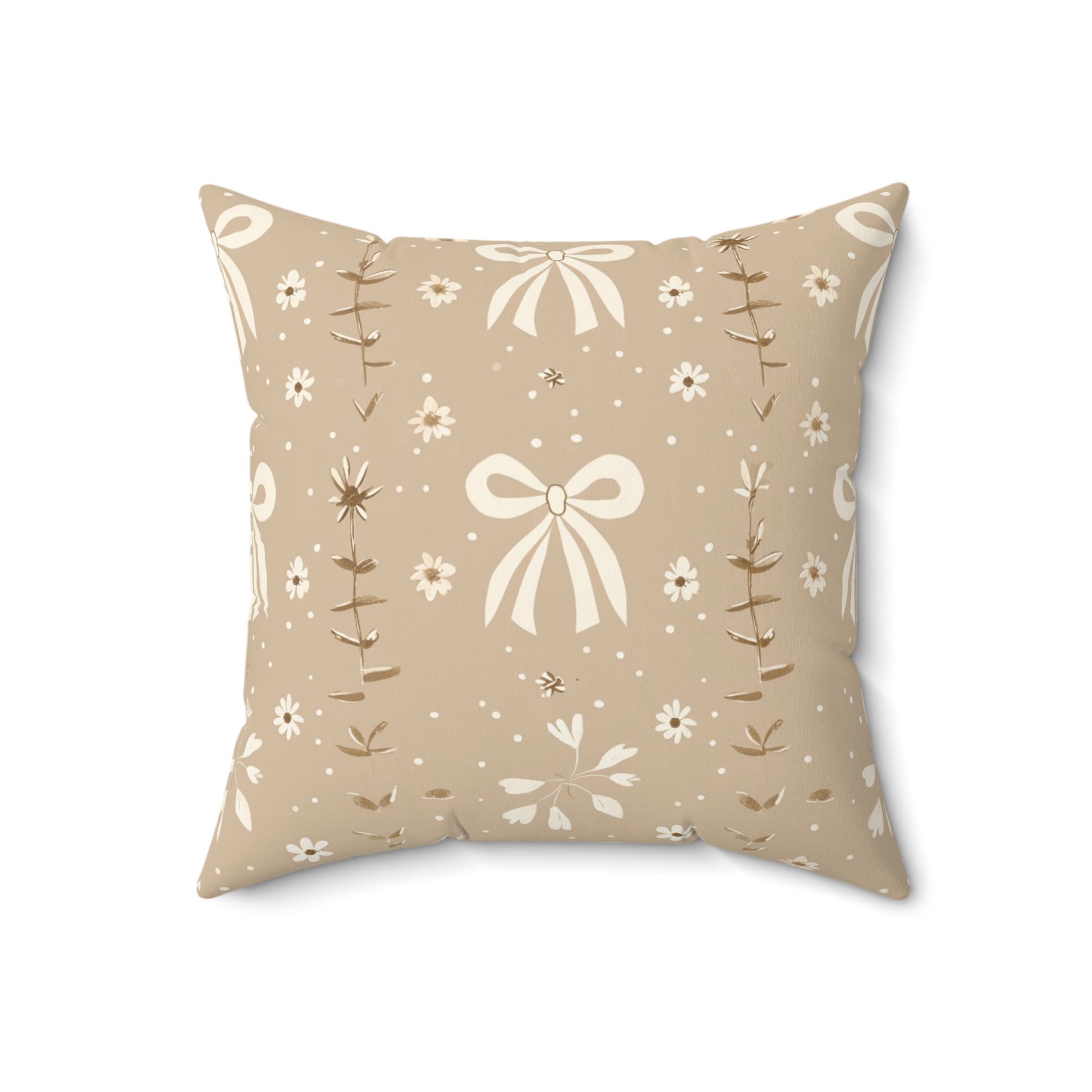 Close detail of the ribbon print on the faux suede pillow
