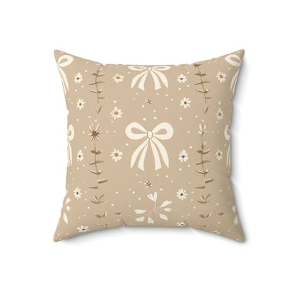 Close detail of the ribbon print on the faux suede pillow