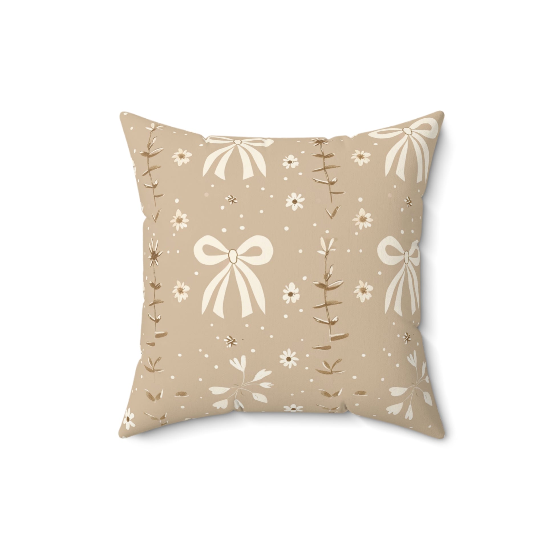 Nursery pillow in taupe and cream, Ribbon Meadow print
