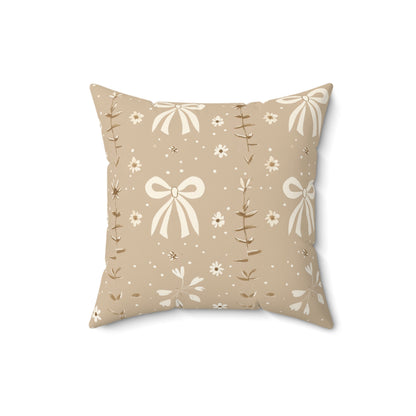Nursery pillow in taupe and cream, Ribbon Meadow print