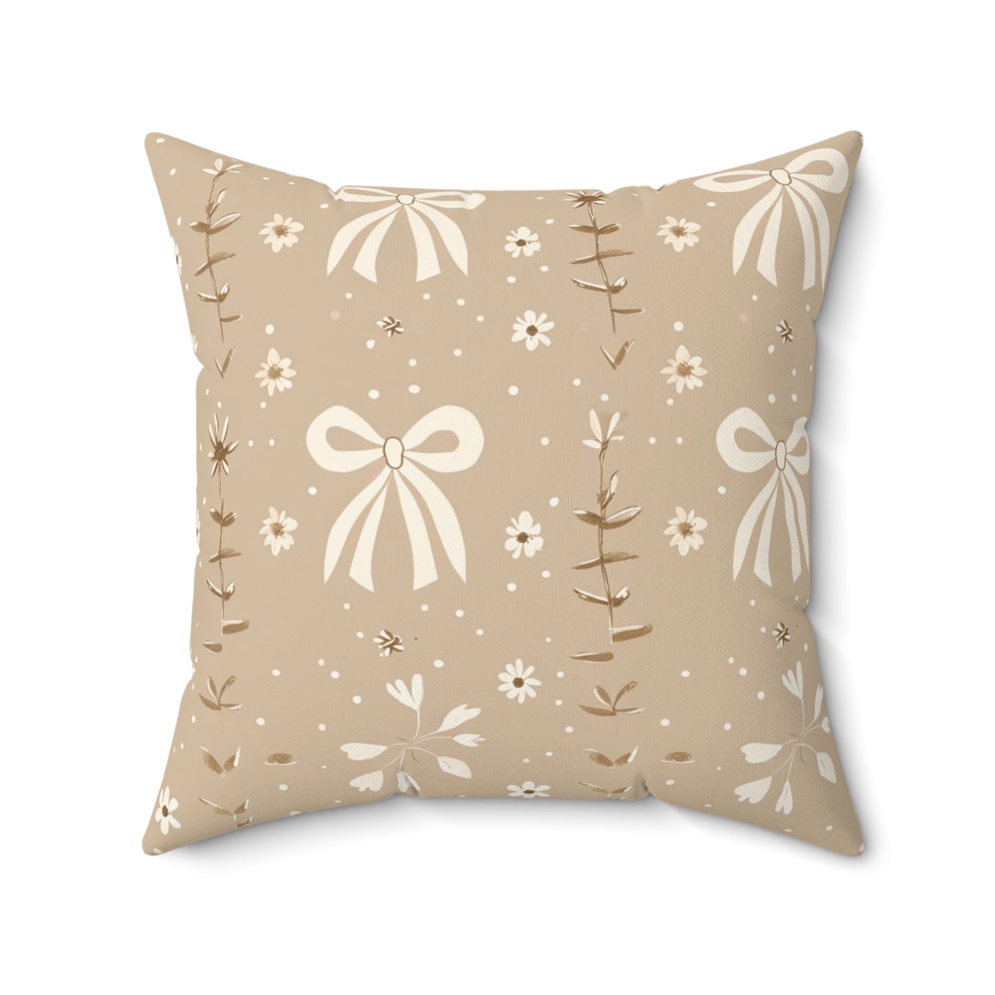 Faux suede pillow with rows of bows, daisies and leaf sprigs