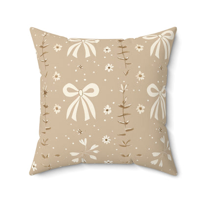 Faux suede pillow with rows of bows, daisies and leaf sprigs