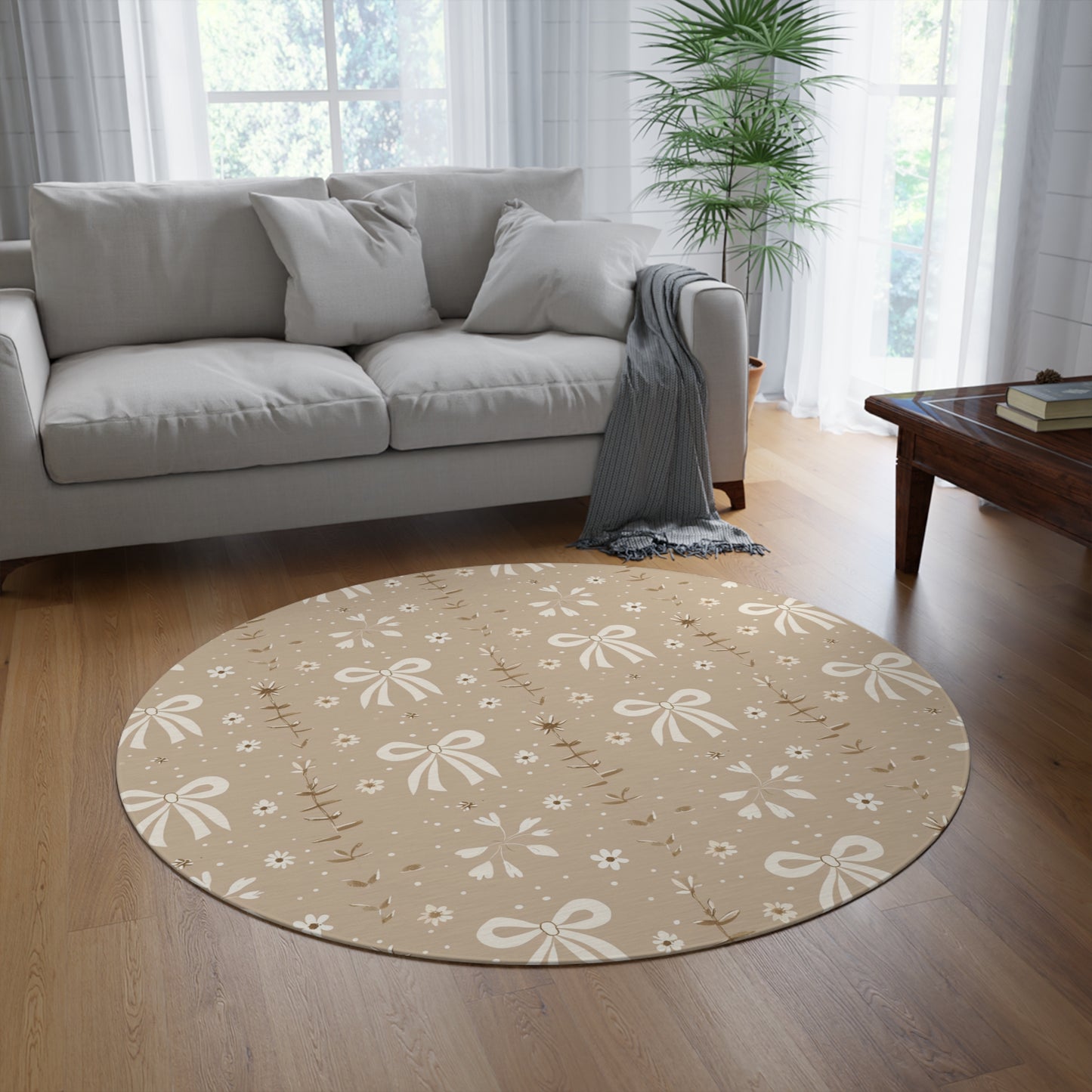 Ribbon Meadow round rug, 60 inches across, in taupe and cream