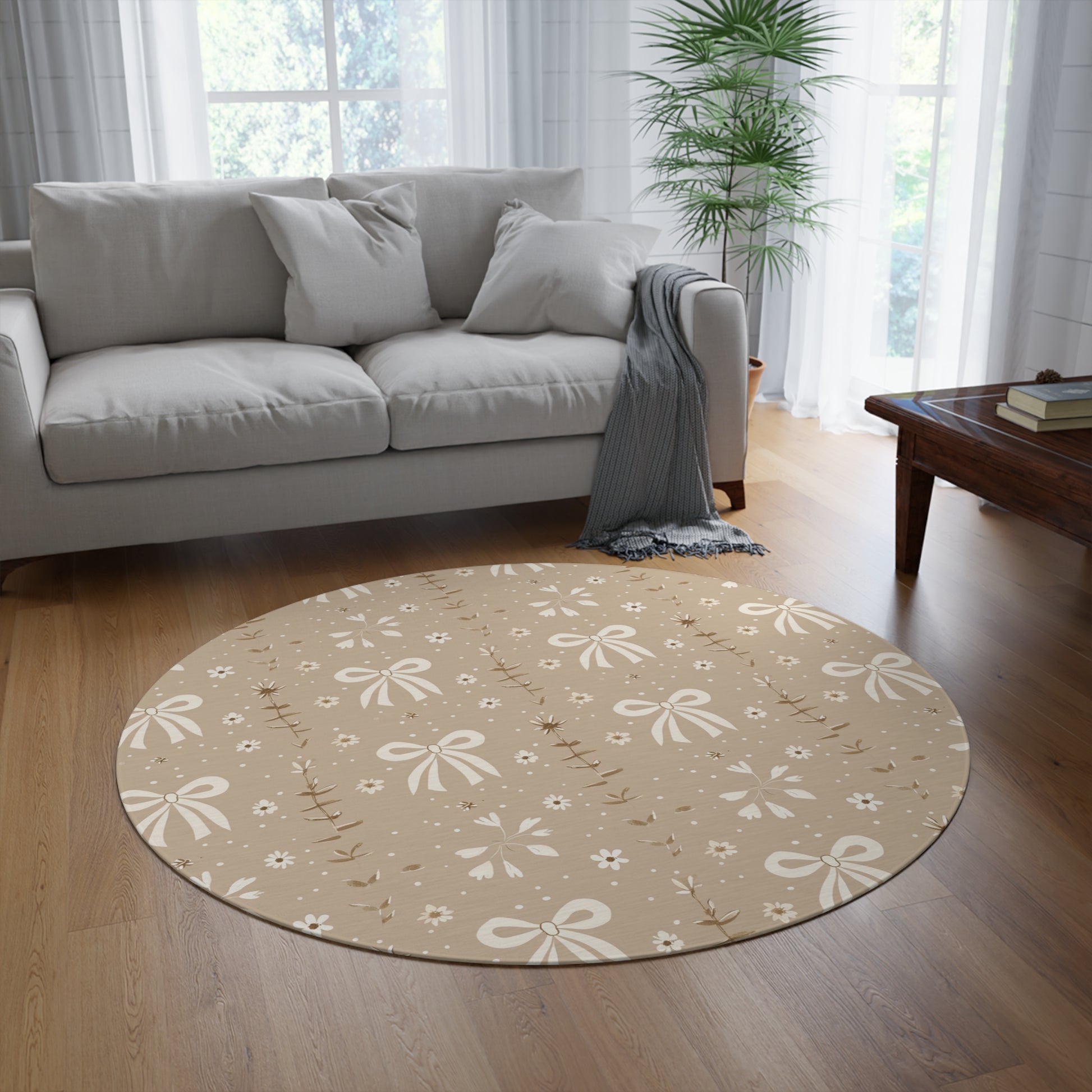 Ribbon Meadow round rug, 60 inches across, in taupe and cream