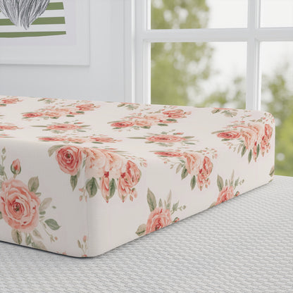 Close detail of the Rose Bouquet print on the changing pad cover