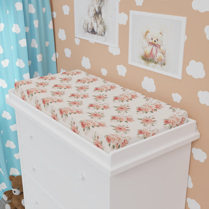 Rose Bouquet changing pad cover fitted over a contoured pad