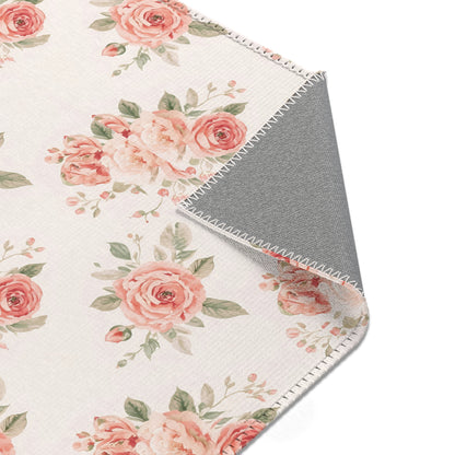 Nursery area rug printed edge to edge with rose bouquets