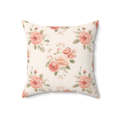 Close detail of the rose posy print on the faux suede pillow