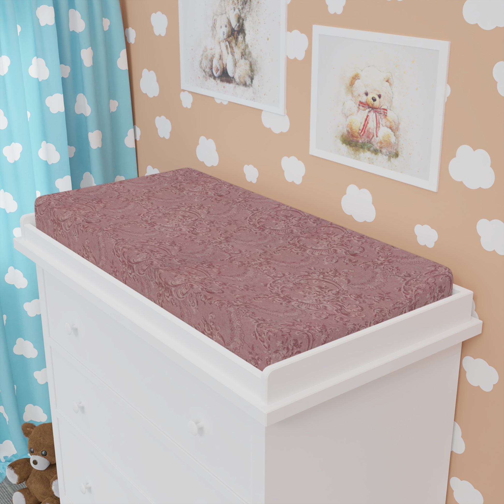 Rose Damask changing pad cover fitted over a contoured pad