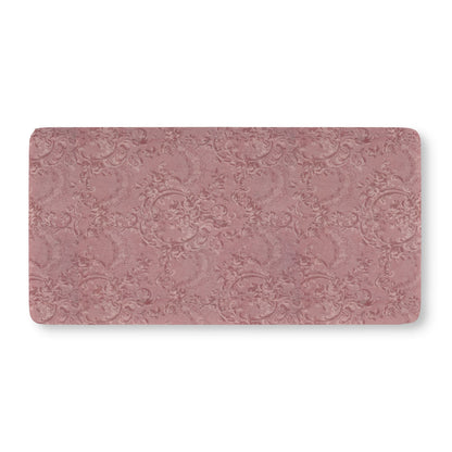 Fitted crib sheet in tonal dusty rose damask with scrollwork