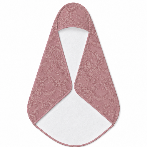 Rose Damask hooded baby towel wrapped around a baby