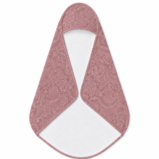 Rose Damask hooded baby towel wrapped around a baby