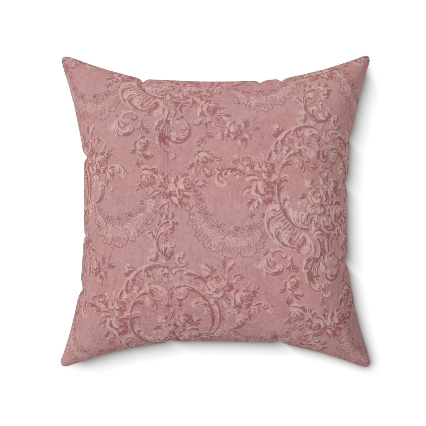 Faux suede pillow with scrolling foliage and roses in rose
