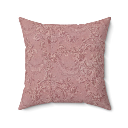 Faux suede pillow with scrolling foliage and roses in rose