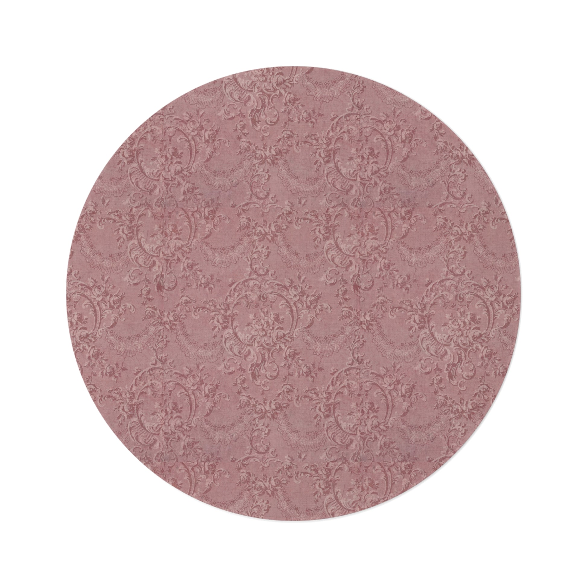 Rose Damask round nursery rug on a baby room floor
