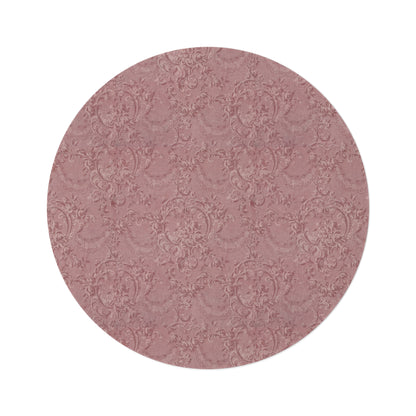 Rose Damask round nursery rug on a baby room floor